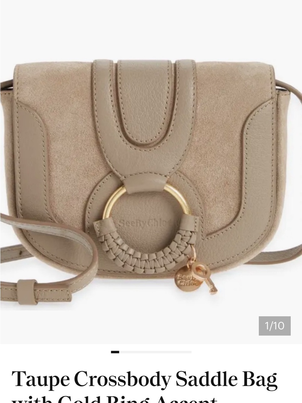 Taupe Crossbody Saddle Bag with Gold Ring Accent - Picture 12 of 12